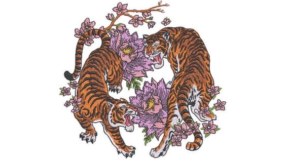 Asian Floral Tiger Embroidery Design - Machine Embroidery File design - 8x8 inch hoop - instant download - Chinoiserie Flower Tiger Design