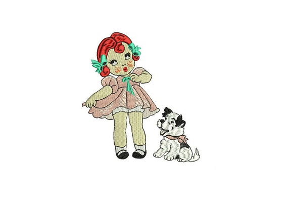 Vintage Dolly & Puppy Machine Embroidery File design 5x7 inch hoop - in the hoop applique