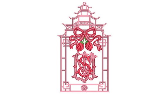 Chinoiserie Chic Pagoda Frame - Raspberry Pagoda - Machine Embroidery File design - 5x7 hoop download - Monogram NOT included