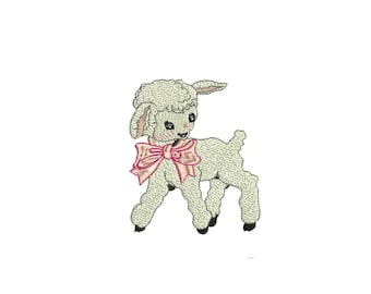 Lamb Embroidery - Machine Embroidery Vintage Little Lamb Pink Bow Machine Embroidery File design 4 x 4 inch hoop