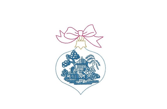 Blue Willow Bow Ornament - Machine Embroidery File design - 4x4 inch hoop - Chinoiserie Chic