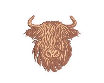 May include: An embroidered patch featuring the head of a Highland cow. The design is rendered in shades of copper and brown thread, showcasing the animal's long, shaggy hair, curved horns, and distinct snout in a detailed, stitched texture.
