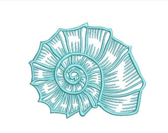 May include: A light blue machine embroidery design of a spiral seashell. The pattern features intricate, raised stitching that outlines the shell's natural curves and ridges, creating a detailed, textured representation of a marine mollusk shell.