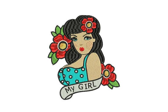 My Girl Pinup Tattoo Retro Machine Embroidery File design 5 x 7 inch hoop instant download