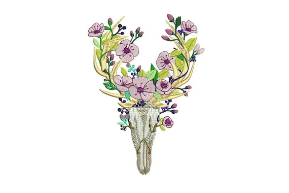 Boho Flower Deer Skull Bohemian Machine Embroidery File design 5x7 hoop