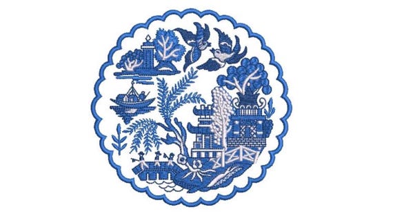 Chinoiserie Chic Blue Willow Pagoda Doily -  Machine Embroidery File design - 5x7 inch hoop