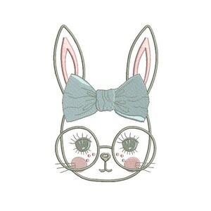 May include: Embroidered design of a white bunny with a blue bow and glasses. The bunny has pink cheeks and eyelashes.