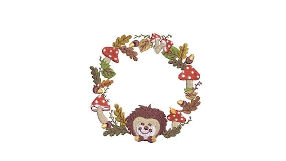 Hedgehog Mushroom Wreath- Machine Embroidery File design - 4x4 inch hoop - monogram Frame - Instant download