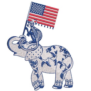 May include: An embroidered design of a blue and white elephant with a monkey holding an American flag. The elephant has floral details and birds on its body.