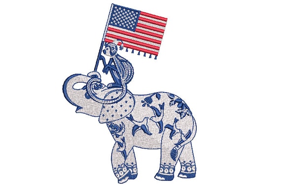 Chinoiserie Elephant Monkey USA Flag Machine Embroidery File design 5x7 hoop - 4th of July Embroidery Design - instant download