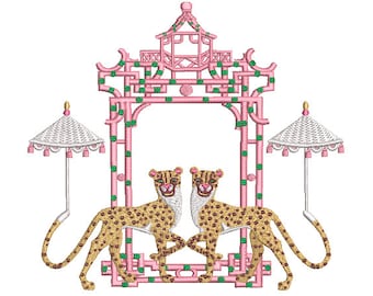 Motif de broderie chinoiserie - motif de broderie pagode guépard - conception de fichier de broderie Machine - cerceau de 8 x 8 pouces