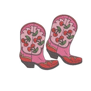 May include: A pair of pink cowboy boots featuring an embroidered cherry pattern with green leaves. The boots have red toe caps, dark brown heels, and decorative stitching details on the shaft and foot, rendered in a flat, embroidered style.