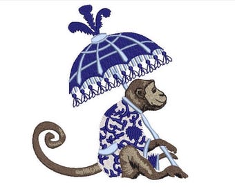Chinoiserie Embroidery Design - Parasol Monkey Embroidery Design - Machine Embroidery File design -  8x8 inch hoop