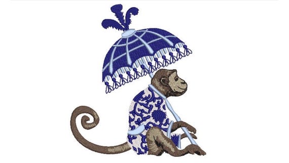 Chinoiserie Embroidery Design - Parasol Monkey Embroidery Design - Machine Embroidery File design -  8x8 inch hoop