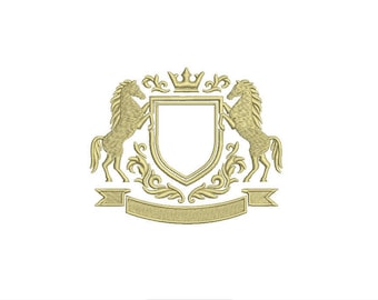 May include: Gold embroidered crest design featuring two rearing horses flanking a shield, topped with a crown. A banner is below the shield. The design is on a white background. This emblem is suitable for apparel, logos, or branding.