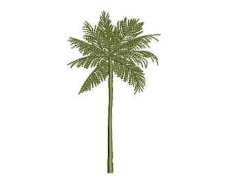 May include: An embroidery design of a single palm tree featuring a tall, straight trunk and a symmetrical canopy of long, feathery fronds. The entire tree is rendered in various shades of green, showcasing a detailed, textured stitch pattern.