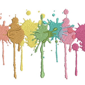 Peut inclure: Une rangée d'éclaboussures de peinture colorées dans des tons de rose, orange, jaune, vert, bleu et violet. Les éclaboussures de peinture coulent, créant un design vibrant et artistique.