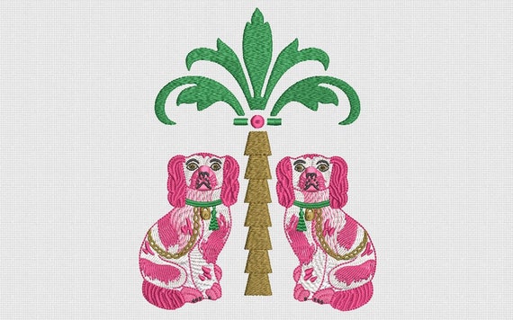 Staffordshire  Spaniel Pups and Palm Tree Embroidery File design - 5 x 7 inch hoop - Palm Silhouette -  Brother Embroidery