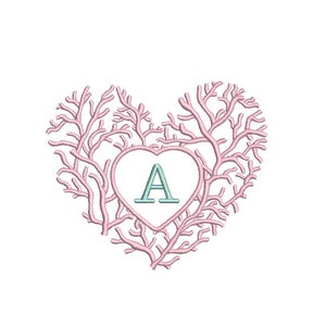 May include: A pink heart-shaped design with a light blue letter A in the centre. The heart is made up of branches.