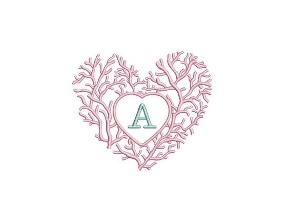 Chinoiserie Chic - Coral Heart Monogram Frame - Machine Embroidery File design - 4x4 hoop - Instant Download