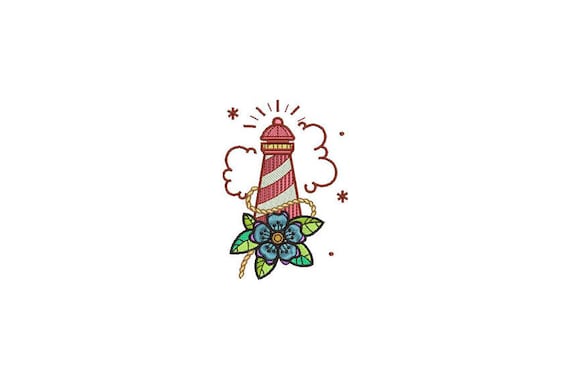 Lighthouse Tattoo Nautical Machine Embroidery File design 4x4 inch hoop - Retro