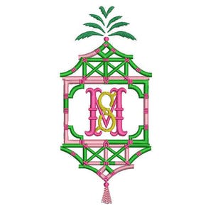 Chinoiserie Chic Monogram Palm Pagoda Frame Machine Embroidery File design 5x7 hoop