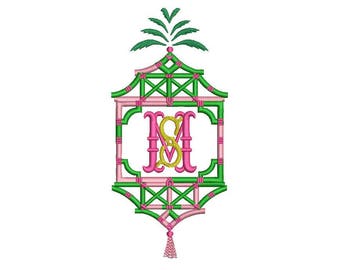 Chinoiserie Chic Monogram Palm Pagoda Frame Machine Embroidery File design 5x7 hoop