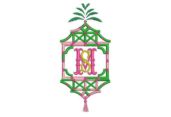 Chinoiserie Chic Monogram Palm Pagoda Frame Machine Embroidery File design 5x7 hoop