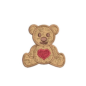 May include: A brown teddy bear with a red heart on its chest. The bear is sitting with its legs crossed and has a friendly expression.
