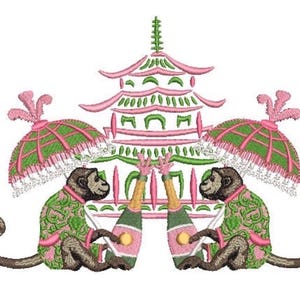 May include: An embroidery design featuring two monkeys wearing green and pink patterned jackets, each holding a champagne bottle. Above them is a pink and green pagoda structure, and each monkey is positioned under a green and pink parasol.