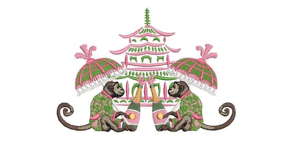 Chinoiserie Chic Machine Embroidery Design  - Monkey Pagoda Parasol Champagne - 5x7 hoop - sideways