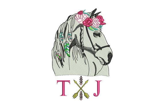 Boho Rose Horse Machine Embroidery File design - 5x7 inch or 13x18cm hoop - Boho Machine Embroidery - Digital Download