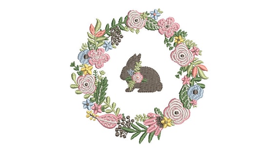 Pastel Bunny Easter Wreath  - Machine Embroidery File design 4 x 4 inch hoop - Easter Embroidery Design