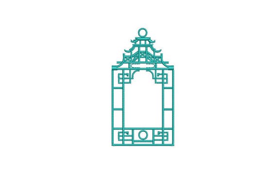 Chinoiserie Chic Monogram Pagoda Frame #1 Machine Embroidery File design 4x4 hoop - Instant download
