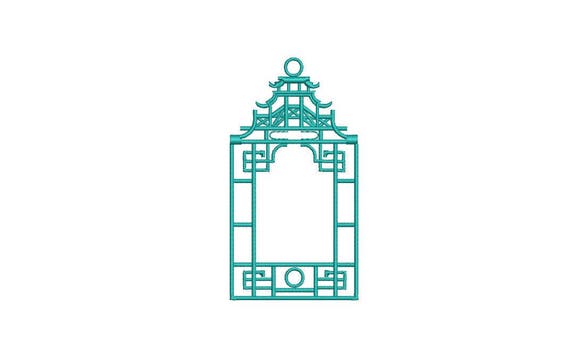 Chinoiserie Chic Monogram Pagoda Frame #1 Machine Embroidery File design 4x4 hoop - Instant download