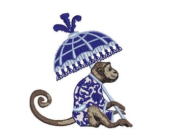 Parasol Monkey Machine Embroidery File design - 4x4 inch hoop - Chinoiserie Chic - Instant Download