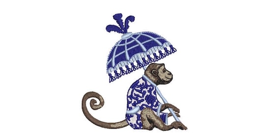 Parasol Monkey Machine Embroidery File design - 4x4 inch hoop - Chinoiserie Chic - Instant Download