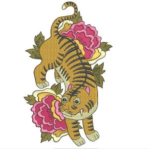 May include: A brown and black striped tiger with a pink and yellow flower behind it. The tiger is standing on its hind legs with its front paws raised. The tiger has a fierce expression on its face.