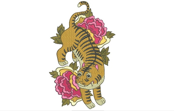 Tiger Embroidery Design - Tiger & Roses Urban Modern Machine Embroidery File design - 5x7 inch hoop - instant download