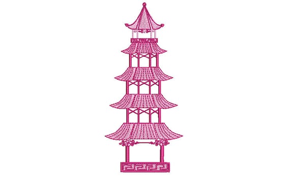 Pagoda Machine Embroidery File design - 5x7 hoop - Tall Chinoiserie Chic Pagoda Design