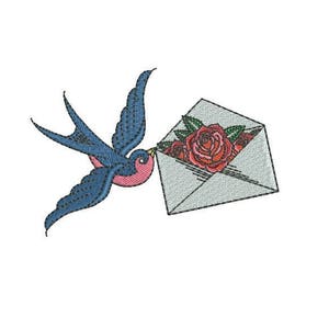 Rosa & tragar pájaro bordado - Nota del amor tatuaje Retro máquina bordado archivo diseño 4 x 4 pulgadas de aro - San Valentín