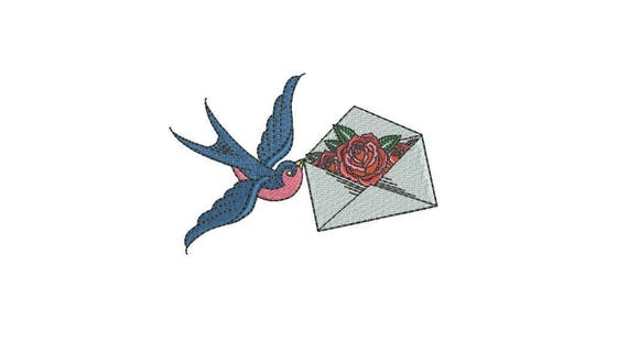 Rose & Swallow Bird embroidery - Love Note Tattoo Retro Machine Embroidery File design 4 x 4 inch hoop - Valentine