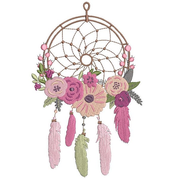 Pink Boho Dreamcatcher Embroidery - Wreath Machine Embroidery File design - 5x7 inch hoop - téléchargement instantané