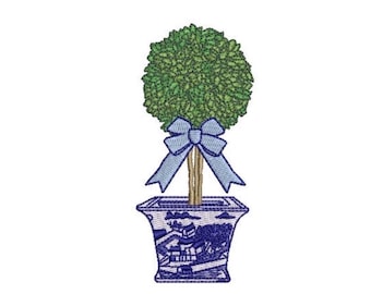 Bordado estilo chinoiserie con topiario - Sauce azul - Archivo de diseño para bordado a máquina - Bastidor de 4 x 4 pulgadas - Descarga instantánea