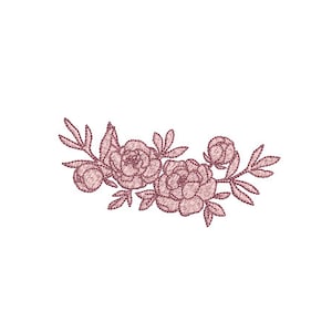 May include: A pink floral embroidery design with three flowers and leaves.