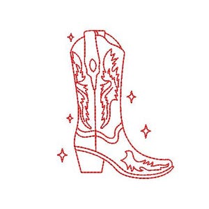 May include: A red embroidered cowboy boot design with decorative stitching and star accents. The boot features a pointed toe and a stacked heel, evoking a Western theme.