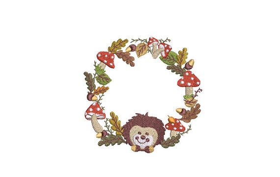 Hedgehog Mushroom Wreath- Machine Embroidery File design - 4x4 inch hoop - monogram Frame - Instant download