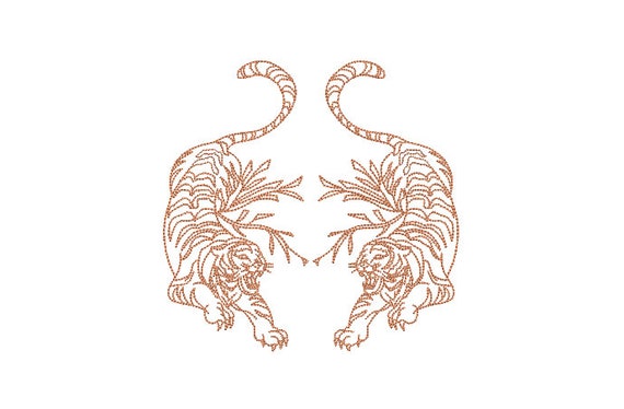 Redwork Tigers Embroidery Design - Tiger Machine Embroidery File design - 5x7 inch hoop - instant download