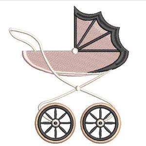 May include: An embroidery design of a vintage-style baby carriage featuring a pale pink bassinet, a black scalloped hood, and a white frame. The carriage has two large wheels with black spokes and light tan rims, set against a plain white background.