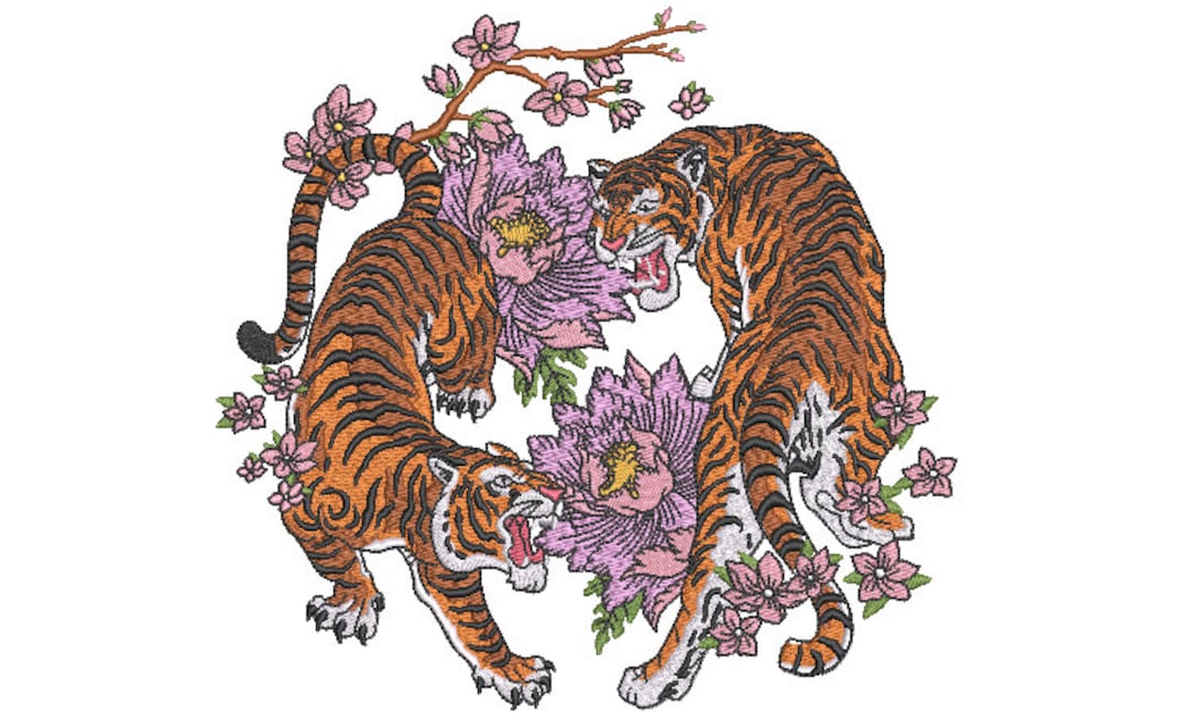 Asian Floral Tiger Embroidery Design - Machine Embroidery File Design ...